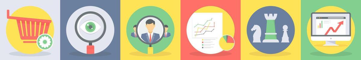 5 round seo and development icons such as shopping cart, trolley, vision vector