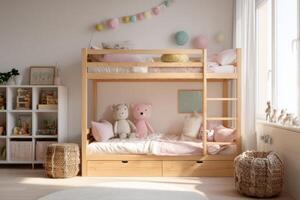 A children's bedroom with a bunk bed and a pink and white bed photo