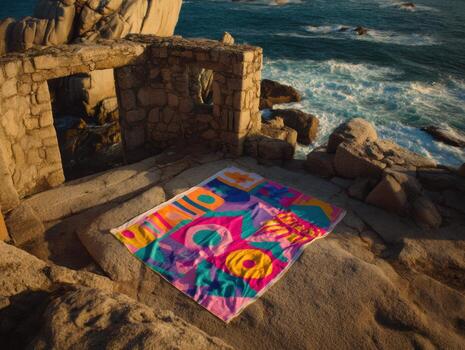 A colorful blanket sits on a rock near the ocean photo