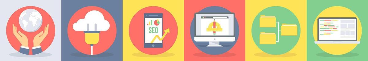 5 round seo and development icons such as global, cloud connection vector