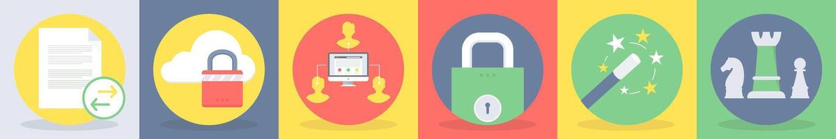 5 round seo and development icons such as share document, cloud security vector