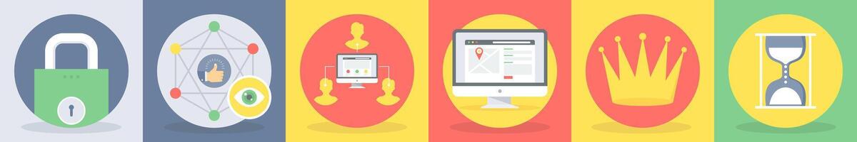 5 round seo and development icons such as lock, networking, computer network vector