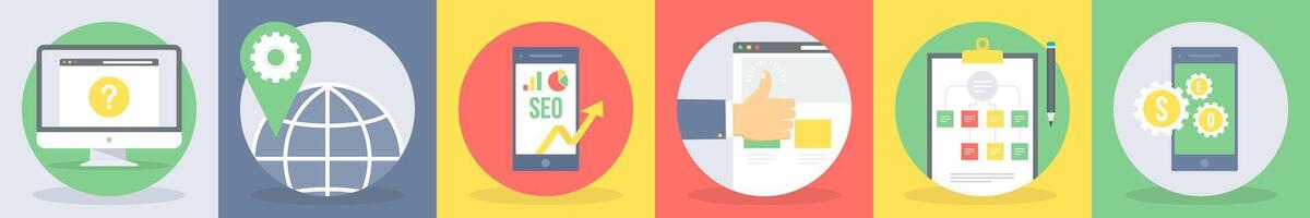 5 round seo and development icons such as query, seo location vector