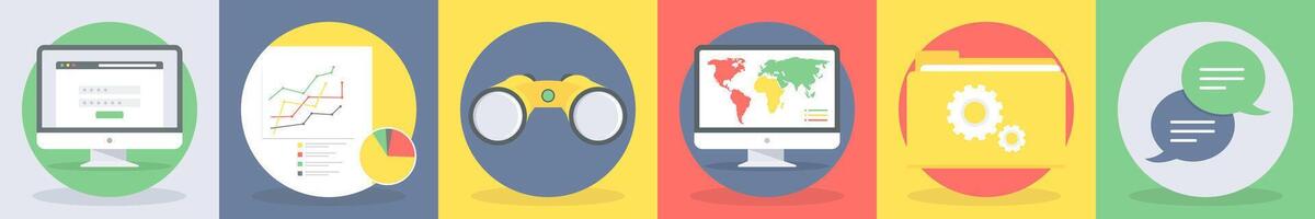 5 round seo and development icons such as password, graph, report vector