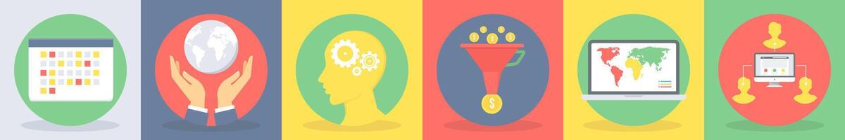 5 round seo and development icons such as calendar, global, management vector