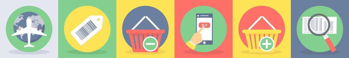 5 round shopping icons such as international flight, bar code vector