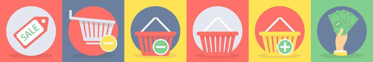 5 round shopping icons such as sale tag, remove from cart vector