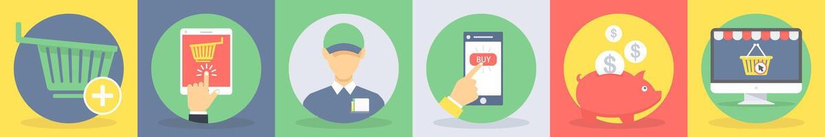 Six shopping icons as add to cart, cart, trolley, delivery man vector