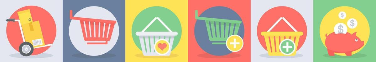 5 round shopping icons such as delivery, cart, trolley vector