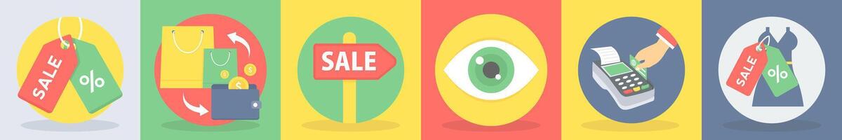 5 round shopping icons such as receptionist, bill, credit card vector