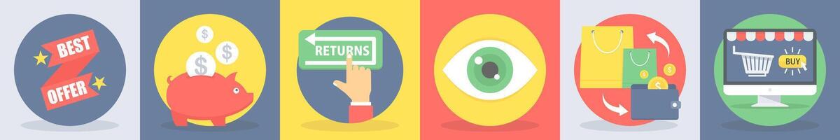 5 round shopping icons such as best offer, money savings vector
