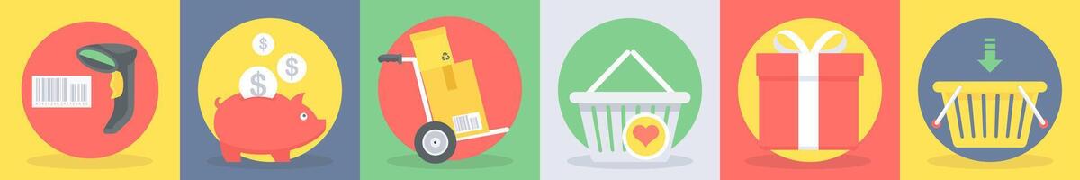 5 round shopping icons such as scan bar code, money savings vector