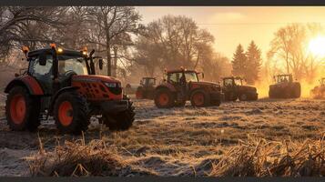 Tractors working in frosty sunrise on a farm landscape photo
