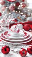 Festive holiday table setting with red and white christmas decor photo