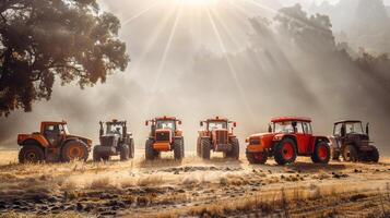Sunrise over farmland, line of tractors in a misty morning landscape photo