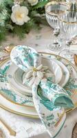 Elegant holiday table setting with floral napkin and crystal glassware photo