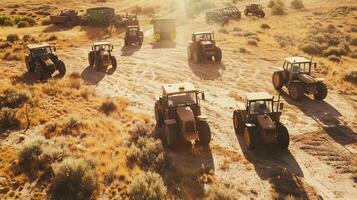 Aerial view of tractors in a sunny field with desert landscape photo