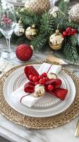 Elegant holiday table setting with festive decor and ornaments photo