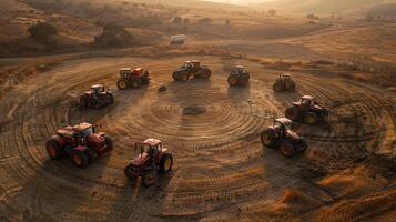 Tractors in circular formation on farm field at golden hour photo