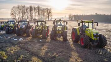 Row of modern tractors on a winter farm field at sunrise photo