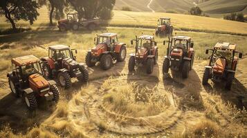 Rows of vintage tractors in sunlit field showcasing rural farming heritage photo