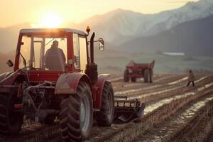 Farmer plowing fields at sunrise with red tractors and mountain backdrop photo