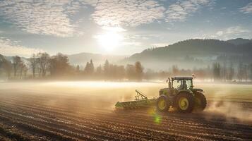 Tranquil sunrise over misty farmland with tractor plowing the field photo