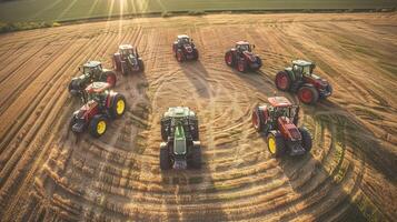 Powerful tractors in sunlit wheat field creating intricate patterns in harvest season photo