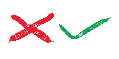 Red cross and green checkmark, hand-drawn, on a white background. vector