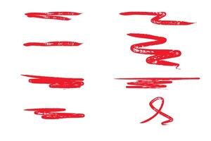 Underline red color crayon set - hand drawn chalk or marker horizontal highlighter strokes. Rough textured edges pencil lines - handdrawn design elements for emphasizing text and drawing accents vector