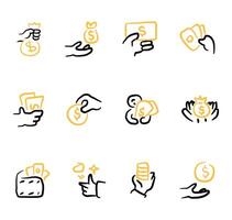 Sketched hands with money icons. vector
