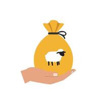 Hand Holding Yellow Money Bag with Sheep Symbolizing Wealth vector