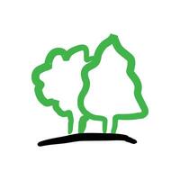 Green trees with black outlines, standing on a simple black ground line. vector