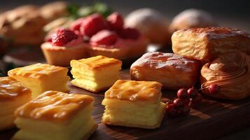A wooden tray with various pastries on it, foods photo