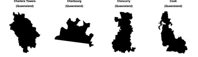 Charters Towers, Cherbourg, Cloncurry, Cook outline maps vector