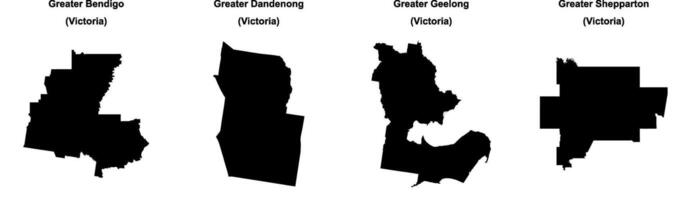 Greater Bendigo, Greater Dandenong, Greater Geelong, Greater Shepparton outline maps vector