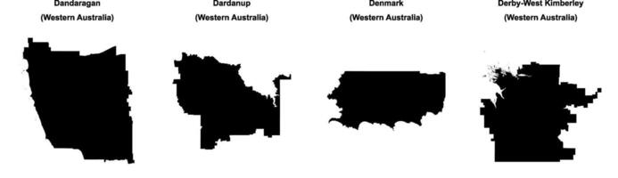 Dandaragan, Dardanup, Denmark, Derby West Kimberley outline maps vector