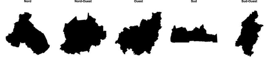 Nord, Nord Ouest, Ouest, Sud, Sud Ouest outline maps vector