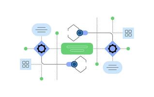 Automation and algorithms. Abstract flow chart with robotic arms vector