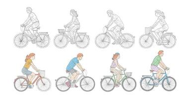 A Collection of bicyclists riding bicycle in a line art illustration, sketch hand-drawn, isolated on a white background. vector