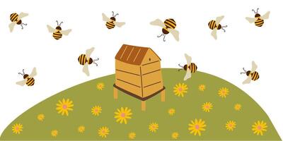 Field with bees and bees farm. Cute background with bees. Beekeeping. vector