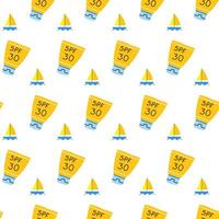 Summer seamless pattern with spf cream and yacht. Sunscreen seamless pattern. vector