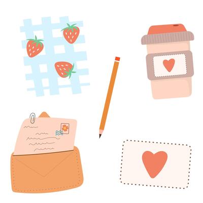 Set of elements for journaling stickers. Coffee, pencil and love letter.