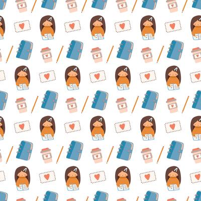 Journaling seamless pattern. Girl writing to the notebook, cup of coffee and pencil.
