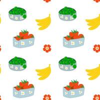 Seamless pattern with fresh fruits. Strawberry, grape, banana pattern. vector