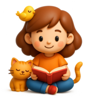Cartoon Girl Reading a Book with a Cat and Bird in a Simple Style png