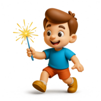 Happy Boy Enjoying Fireworks with Sparkler in 3D Animation Style png