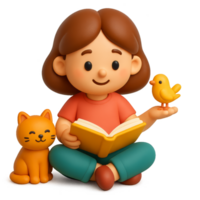 Cute Cartoon Girl Reading a Book with a Cat and Bird Characters png