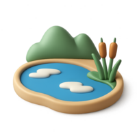 3D Simple Lake Icon with Edges, Clouds, and Greenery Elements png