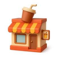 3D Simple Beverage Shop Icon with Cup on Roof and Colorful Stripes png